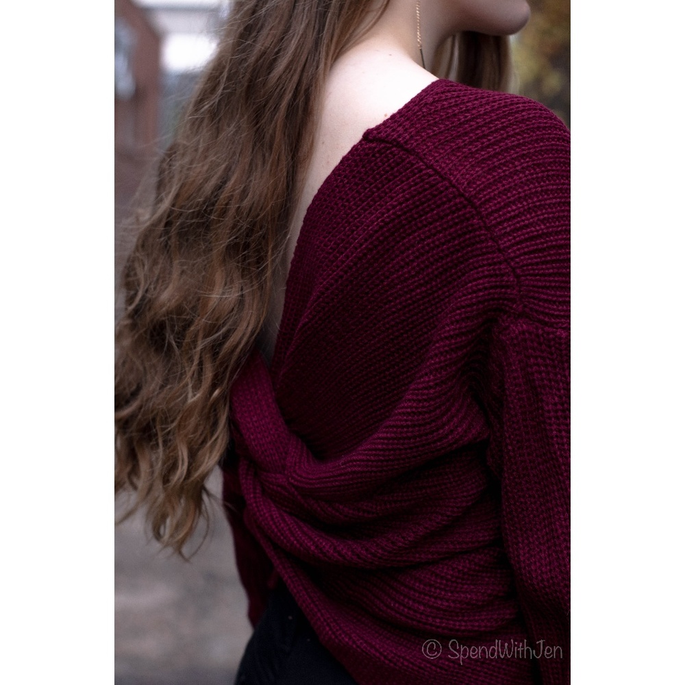 Open Back Twisted Knot Back Comfy Sweater - Picture 4 of 8